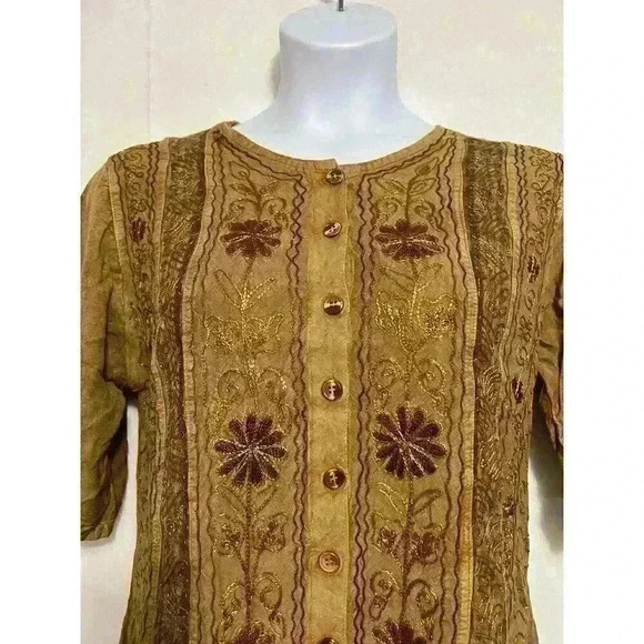 Womens India Pakistan Golden Long Shirt Embroidered 1/2 Sleeve Tie Back Mid 0067 - Picture 2 of 8